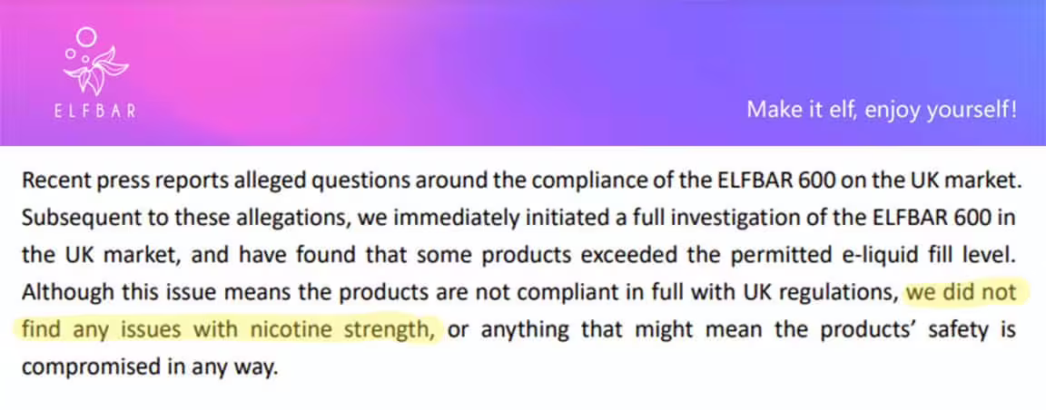Statement from ELFBAR About Overfilled Disposable Vapes