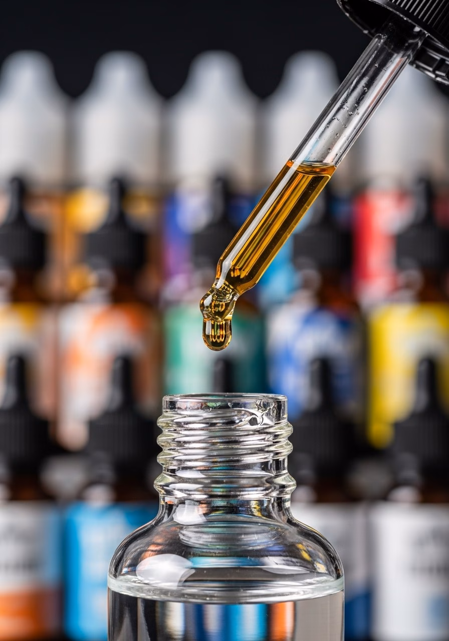 Glass dropper releasing amber flavour concentrate into a mixing bottle