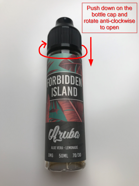 How to open a childproof e-liquid bottle cap by pushing down and twisting