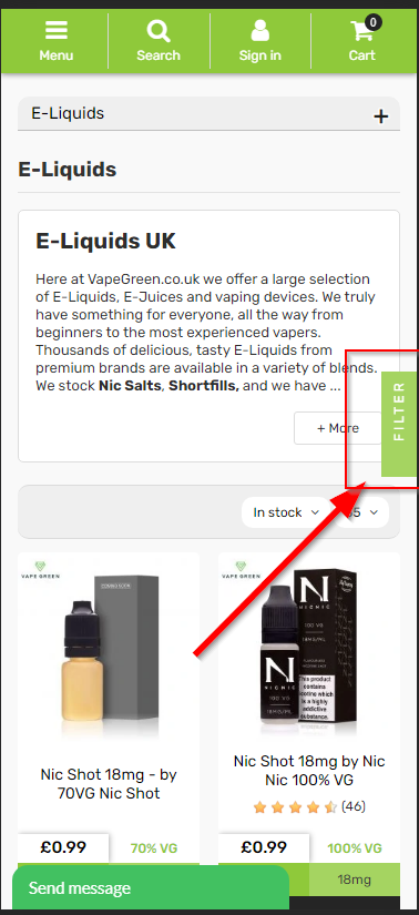 Mobile view showing the Filter tab for E-Liquid filtering