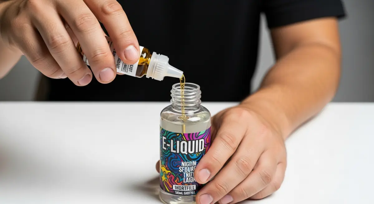 Hands pouring a nicotine shot into a large 100ml shortfill e-liquid bottle