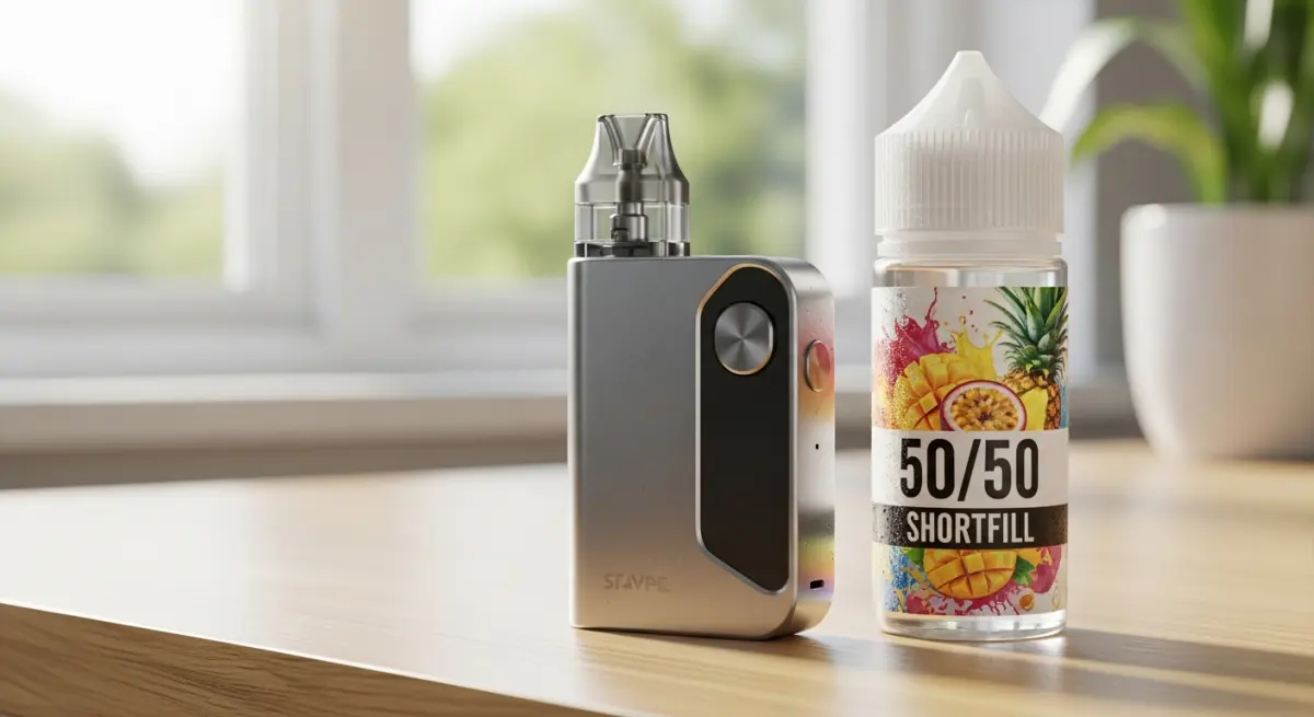 Modern pod vape kit next to a colourful 50/50 shortfill e-liquid bottle on a desk