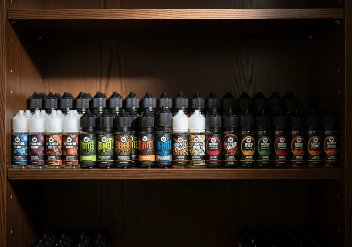E-liquid bottles stored neatly in a dark wooden cupboard away from sunlight