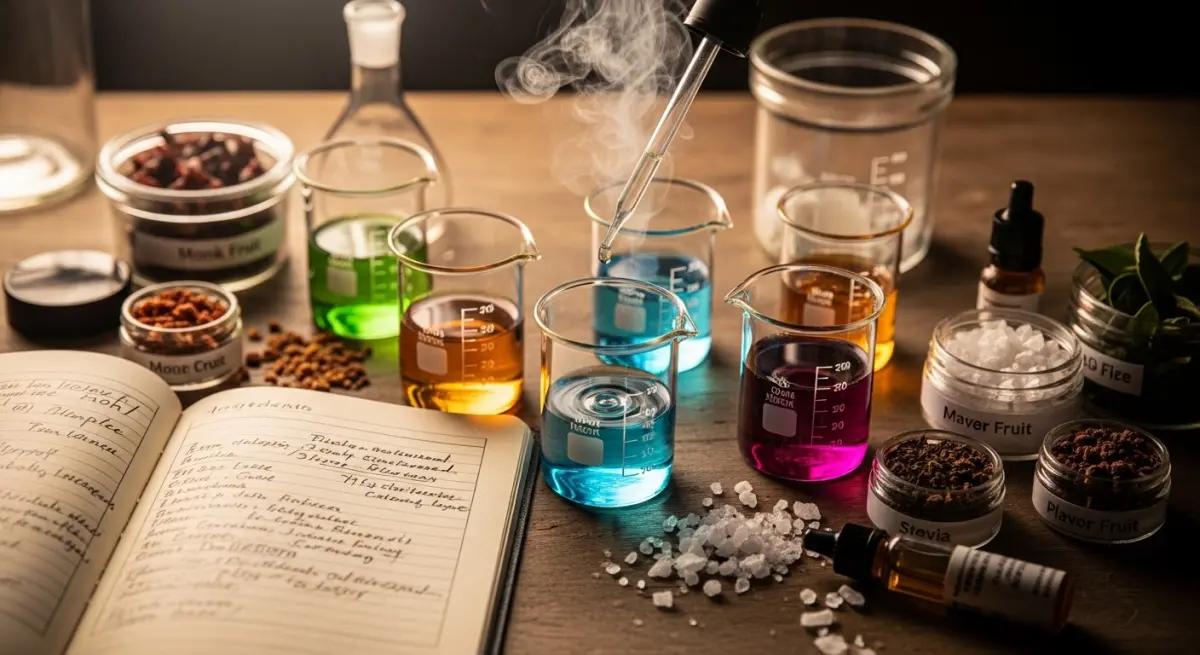 Advanced e-liquid mixing with colorful test batches in beakers, a handwritten recipe notebook, and exotic sweetener ingredients