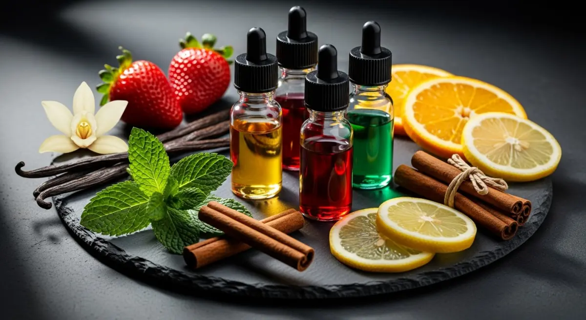 Colourful flavour concentrate bottles with fresh fruits and herbs on a dark slate surface