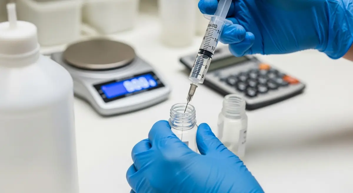Hands wearing gloves carefully measuring e-liquid base into a mixing bottle