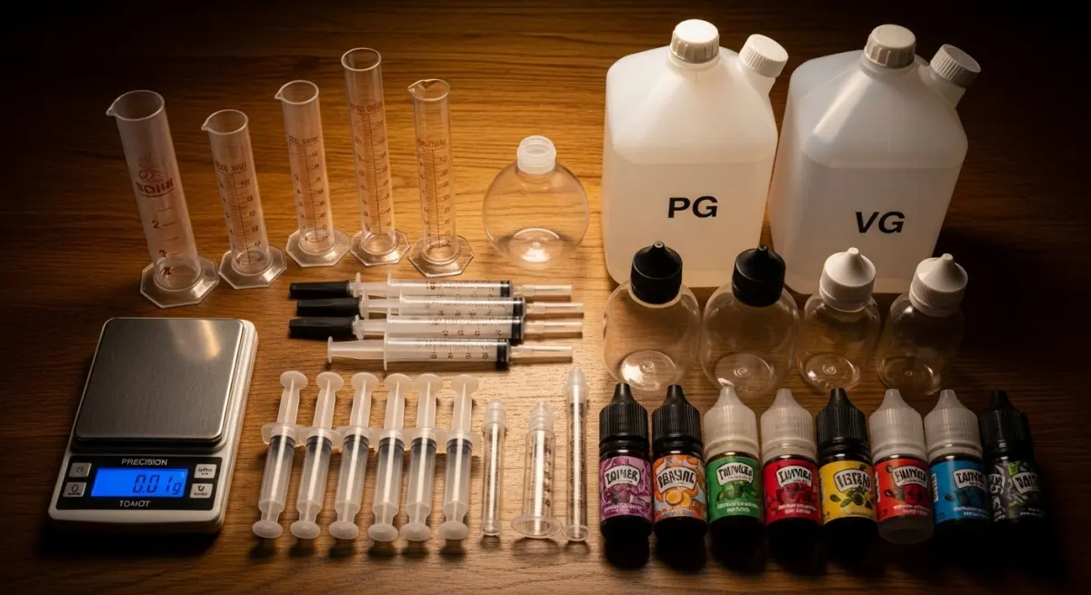Essential tools and ingredients for DIY e-liquid mixing laid out on a wooden table