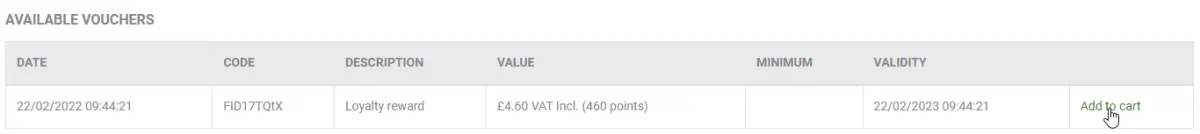Available vouchers section with add to cart button