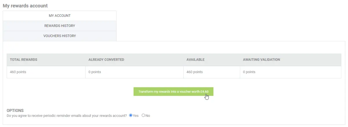 Transform rewards into voucher button