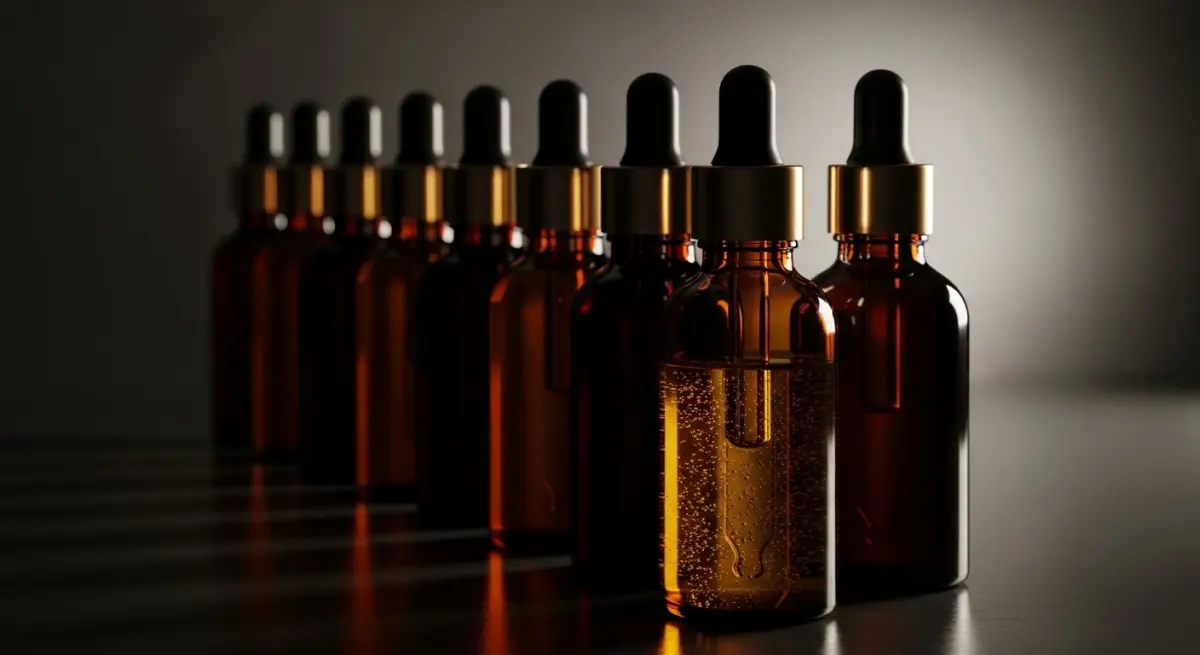 Dark amber glass dropper bottles with golden e-liquid catching warm side light