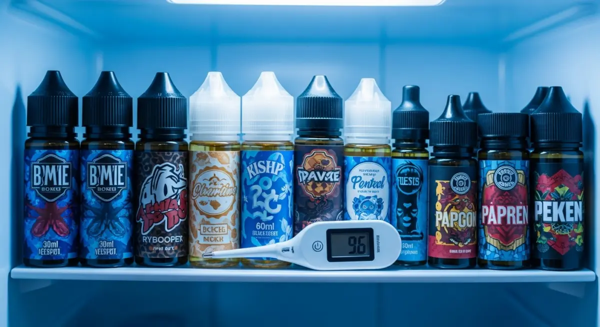 E-liquid bottles stored inside a refrigerator for long-term preservation with a thermometer