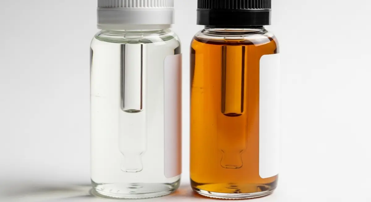 Two e-liquid bottles side by side showing the colour difference from nicotine oxidation — fresh clear liquid versus aged amber liquid