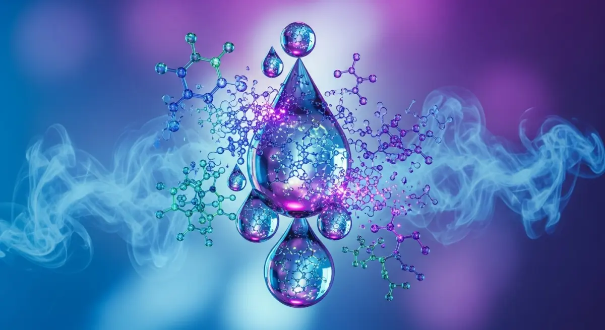 Abstract scientific visualisation of molecular structures and liquid droplets representing e-liquid degradation and oxidation processes