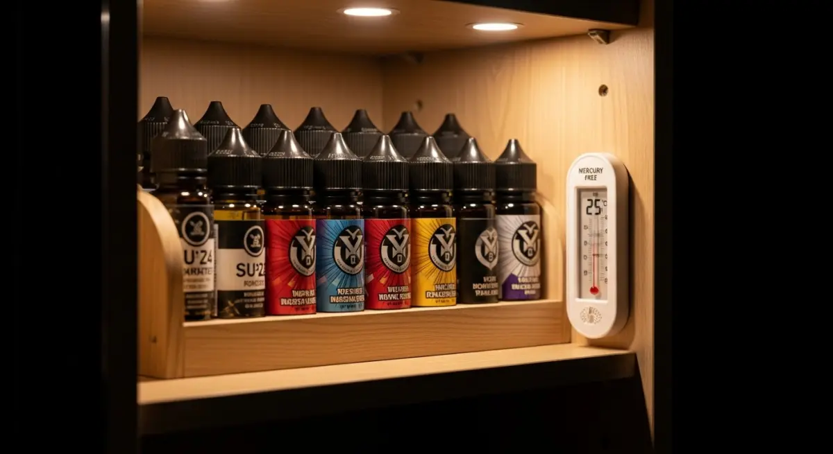 E-liquid bottles neatly stored on a wooden shelf in a dark cupboard with a thermometer showing 25°C