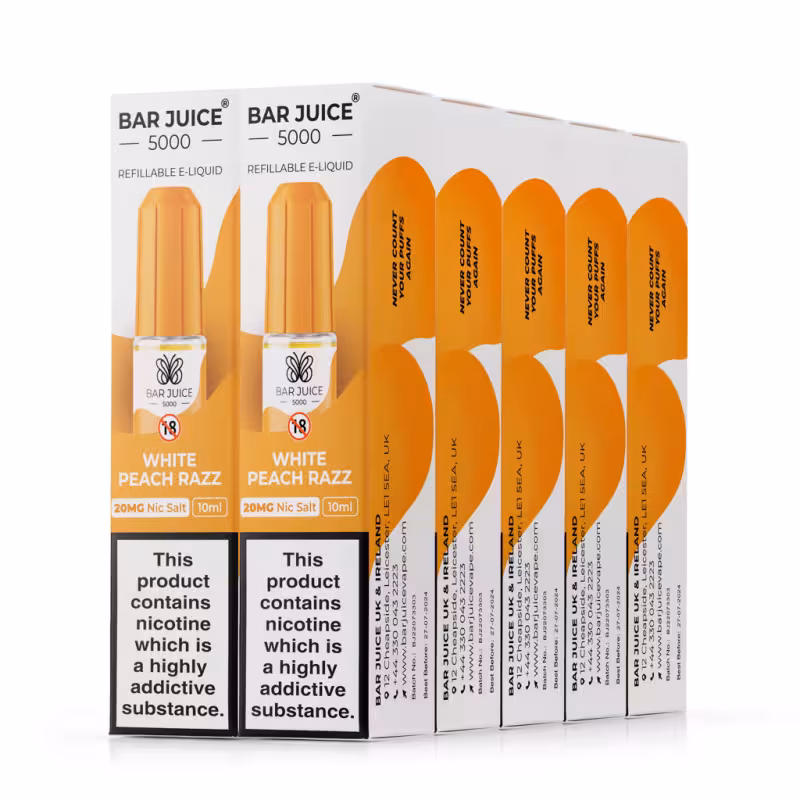 White Peach Razz Nic Salt E-Liquid by Bar Juice 5000 - 10 Pack - Image 1