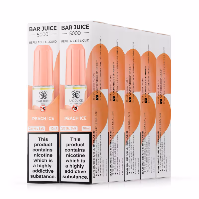 Peach Ice Nic Salt E-Liquid by Bar Juice 5000 - 10 Pack - Image 1