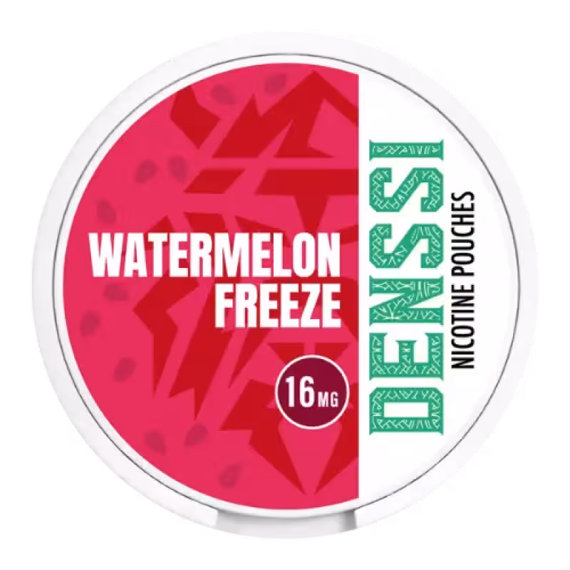 Watermelon Freeze Nicotine Pouch by Denssi - Round container with watermelon design, 16mg nicotine, white and pink colors.
