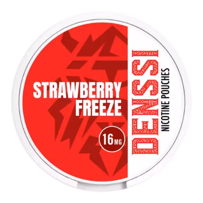 Strawberry Freeze Nicotine Pouch by Denssi - Red and white circular container. Features "Strawberry Freeze" text and 16mg nicoti