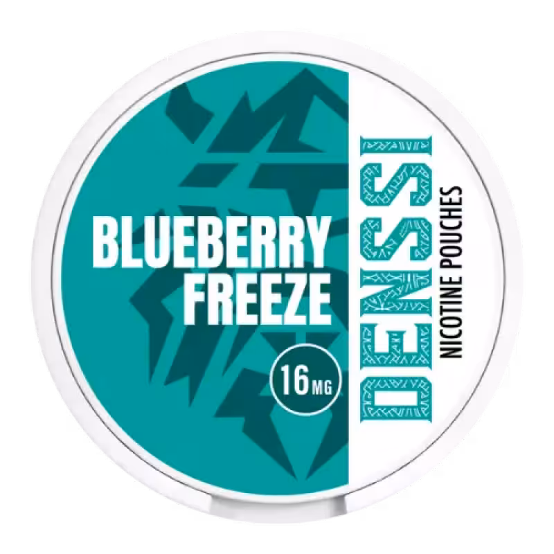 Blueberry Freeze Nicotine Pouch by Denssi - Round container with teal and white design. Features "Blueberry Freeze" and "16mg" t