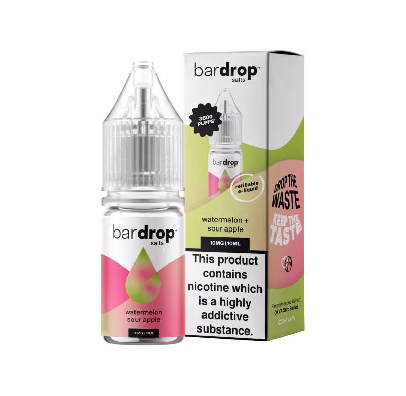 Bar Drop Watermelon Sour Apple Nic Salt e-liquid bottle. Premium vape juice, sweet & tangy fruit flavor.