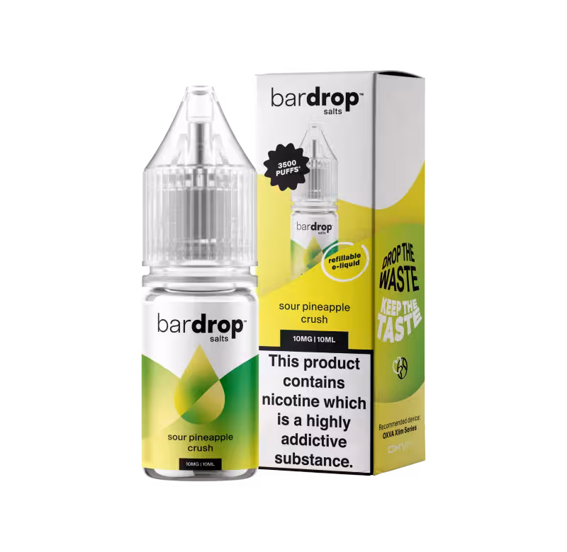 Sour Pineapple Crush Nic Salt by Bar Drop e-liquid bottle. Sweet & sour pineapple vape juice.