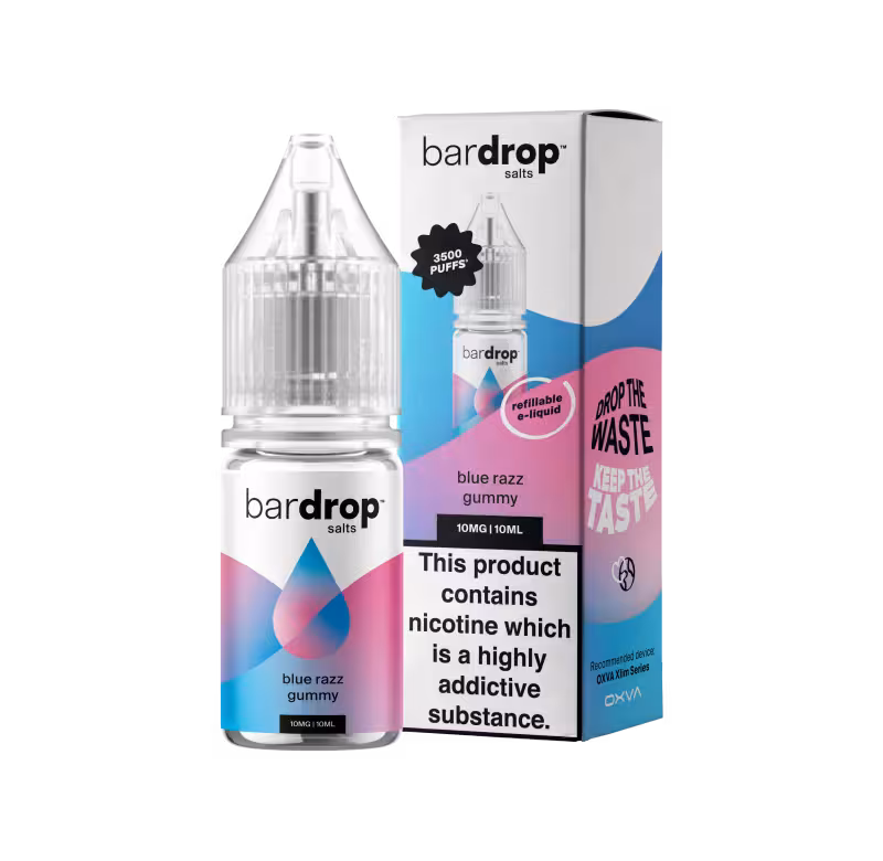 Bottle of Bar Drop Blue Razz Gummy Nic Salt e-liquid. Sweet blue raspberry & gummy candy vape juice.