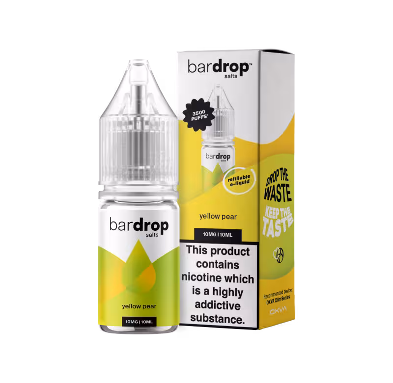 Yellow Pear Nic Salt by Bar Drop e-liquid bottle. Sweet pear vape juice for pod systems.
