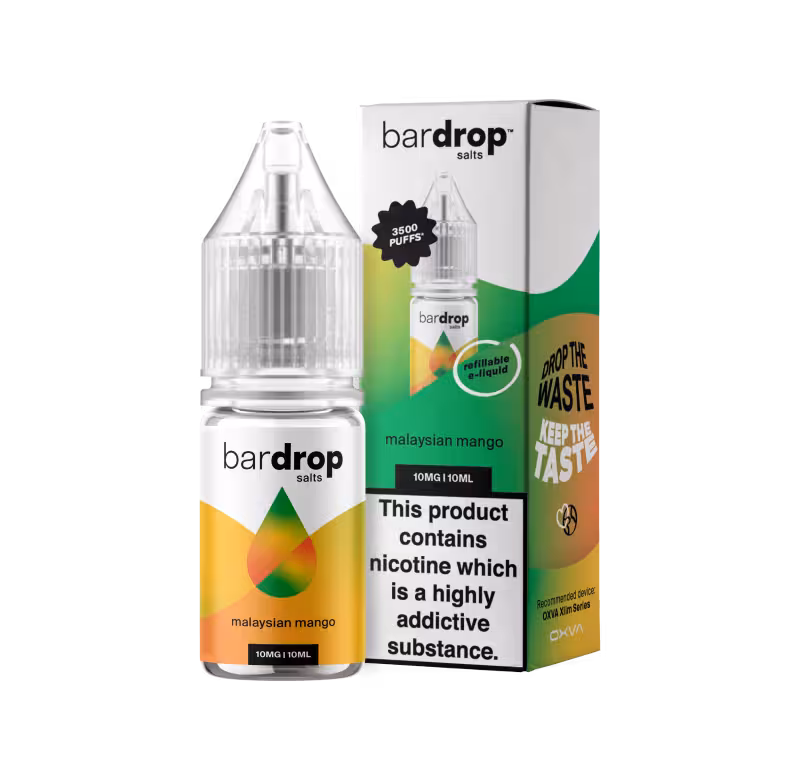 Bar Drop Malaysian Mango Nic Salt e-liquid bottle with a tropical mango label.