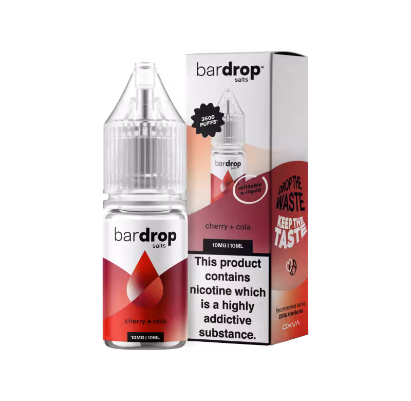 Bottle of Bar Drop Cherry Cola Nic Salt e-liquid, a vape juice with sweet cherry and fizzy cola flavors.