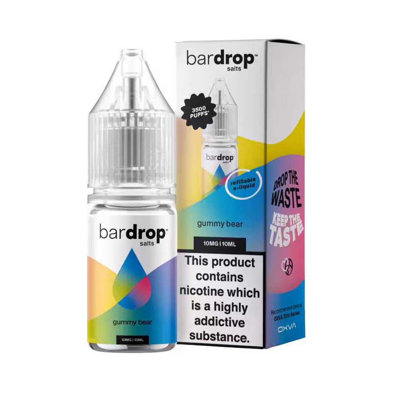 Bottle of Bar Drop Gummy Bear Nic Salt e-liquid. Sweet candy flavored vape juice for a smooth nic salt experience.