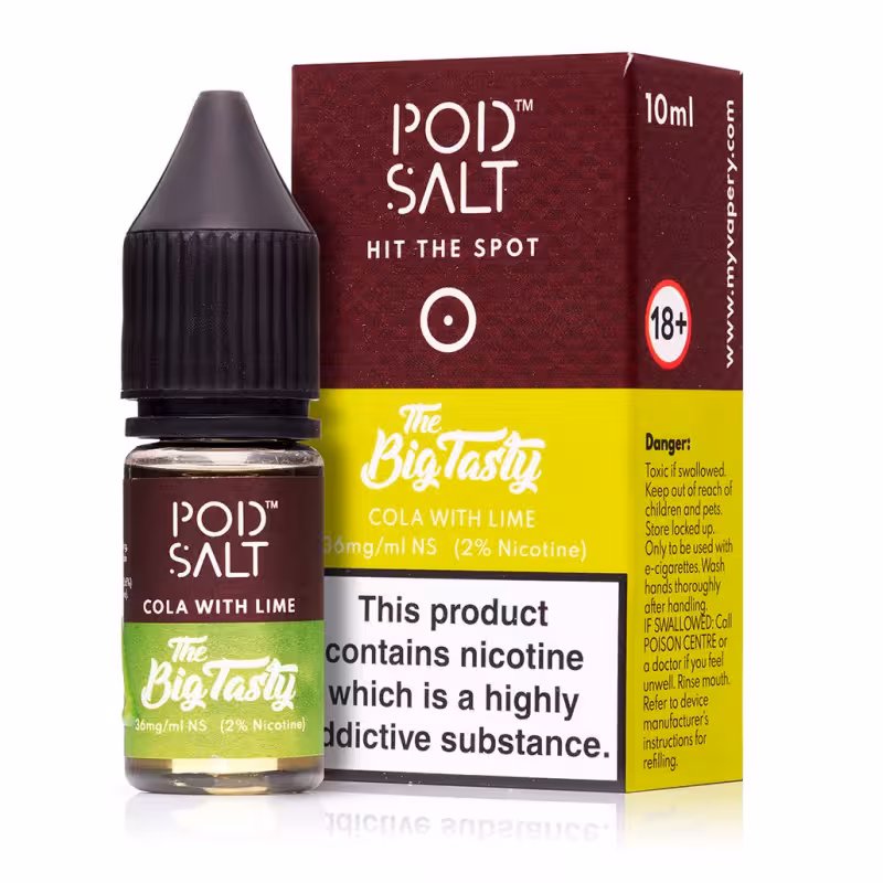 Cola with Lime Nic Salt E-Liquid by Pod Salt - 10ml bottle, maroon/yellow box, nicotine warning.